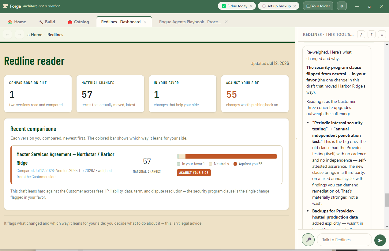 The dashboard after the re-weigh: In your favor now reads 1, and the summary line names the security-program clause as the single change flagged in the customer's favor — with the tool's own reasoning visible in the chat beside it