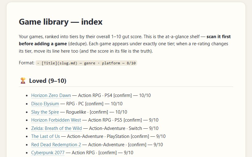 The game library, ranked into loved/great tiers by gut score