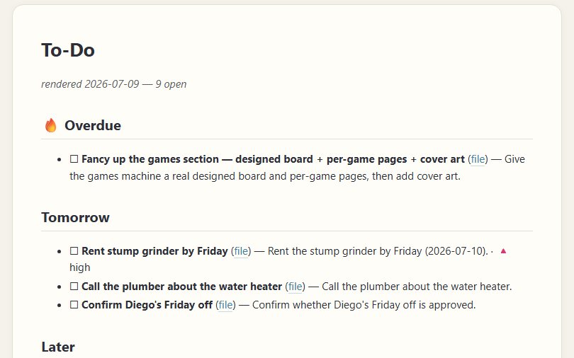 The To-Do dashboard: overdue, tomorrow, and later, rendered from plain files